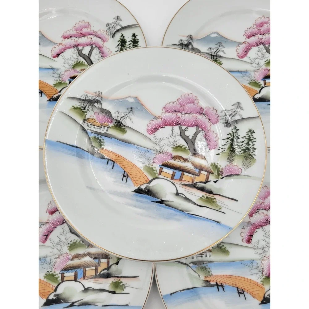 Set of 5 Vintage Kutani Japan KUT21 salad plates pink textured trees bridge gold